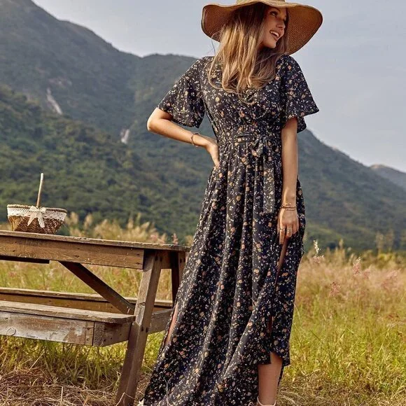 Black Boho Womens Allover Floral Print Split Thigh Belted Dress - Picture 3 of 5